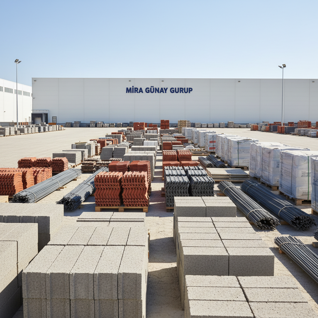 A close, eye-level photographic scene of a neatly organized construction materials yard, featuring stacks of concrete blocks, red and gray roof tiles, steel rebar bundles, and wrapped insulation pallets arranged in straight lines on a clean, compacted gravel surface. In the background, a sturdy warehouse with the logo “MİRA GÜNAY GURUP” appears on a crisp, white facade, partially framed by tall floodlights and a clear blue sky. Soft, bright daylight illuminates the textures of the stone, metal, and packaging, casting subtle shadows that emphasize order and quality. The composition uses the rule of thirds, with the materials in the foreground in sharp focus and the warehouse slightly softened, creating a professional, trustworthy, and corporate atmosphere in realistic photographic style.